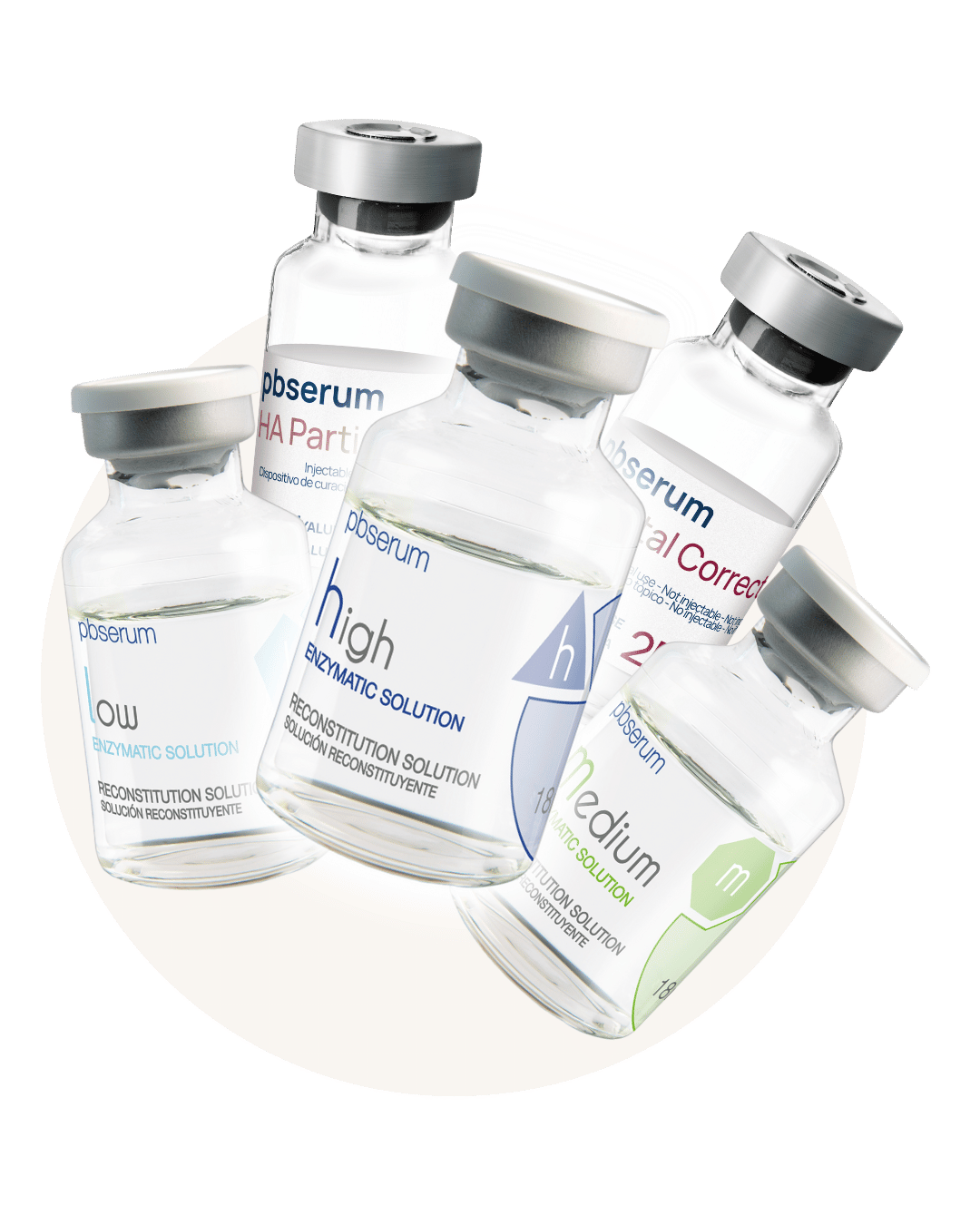 pbserum Enzymatic Solution – Produktbild mit mehreren Vials (Low, Medium, High)